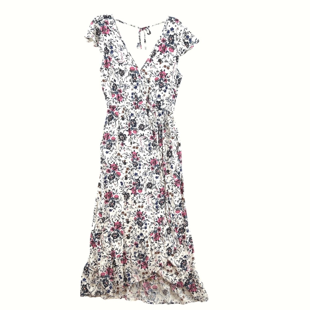B·O·G Collective Floral Wrap HI-Low Maxi Dress Size L Cream Pink Cottagecore